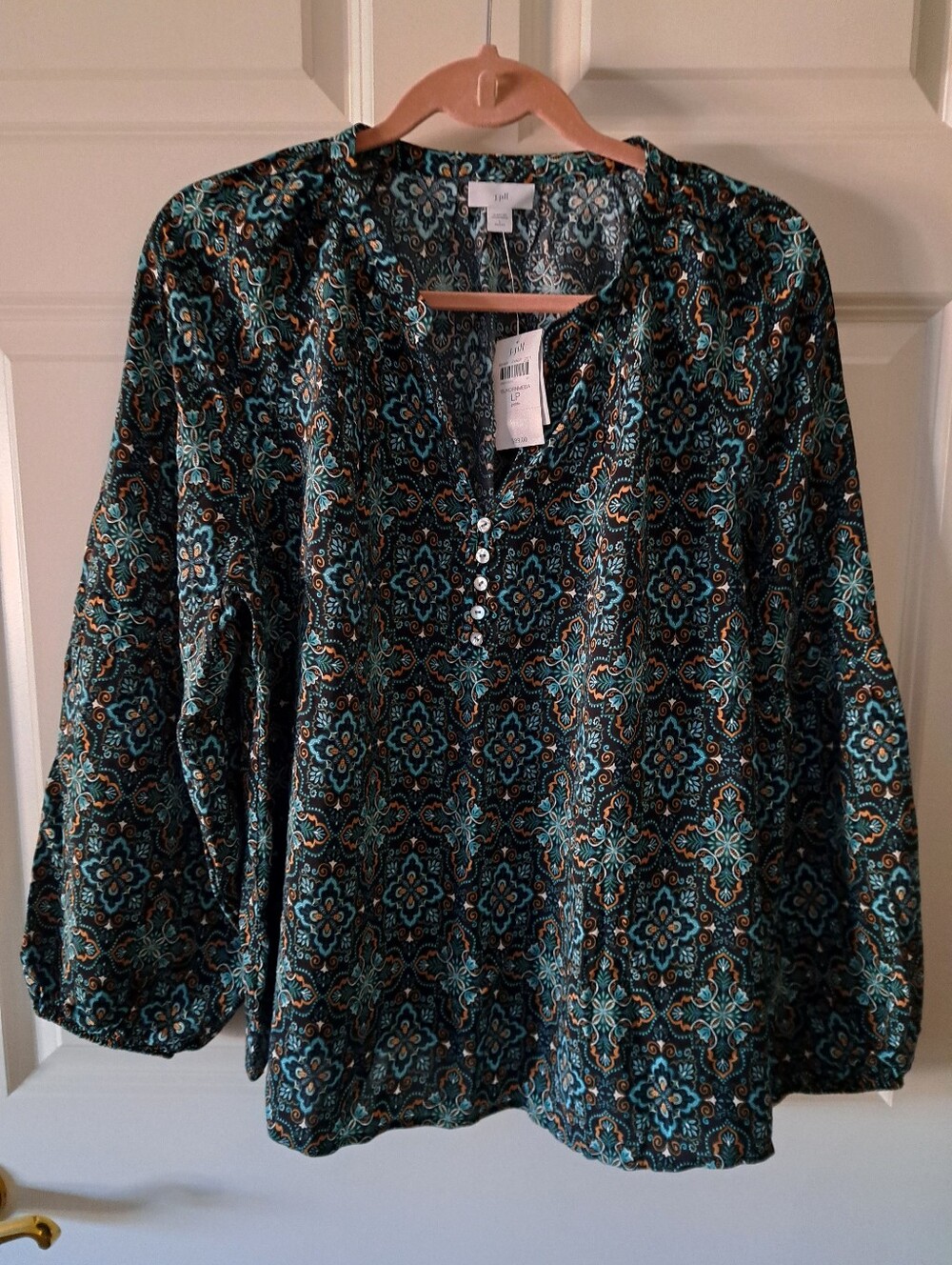 J. JILL blue BLOUSE brand new LONG SLEEVES chest buttons  SIZE large petite